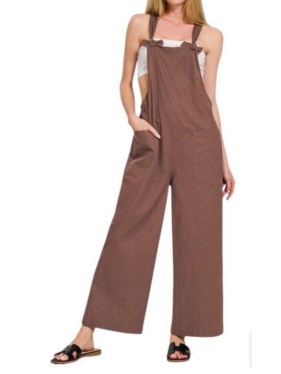 Zenana Outfitters Pants - Zenana Woven Knot Strap Overalls Brown Wide Leg Jumpsuit Small Gorpcore Boho NEW